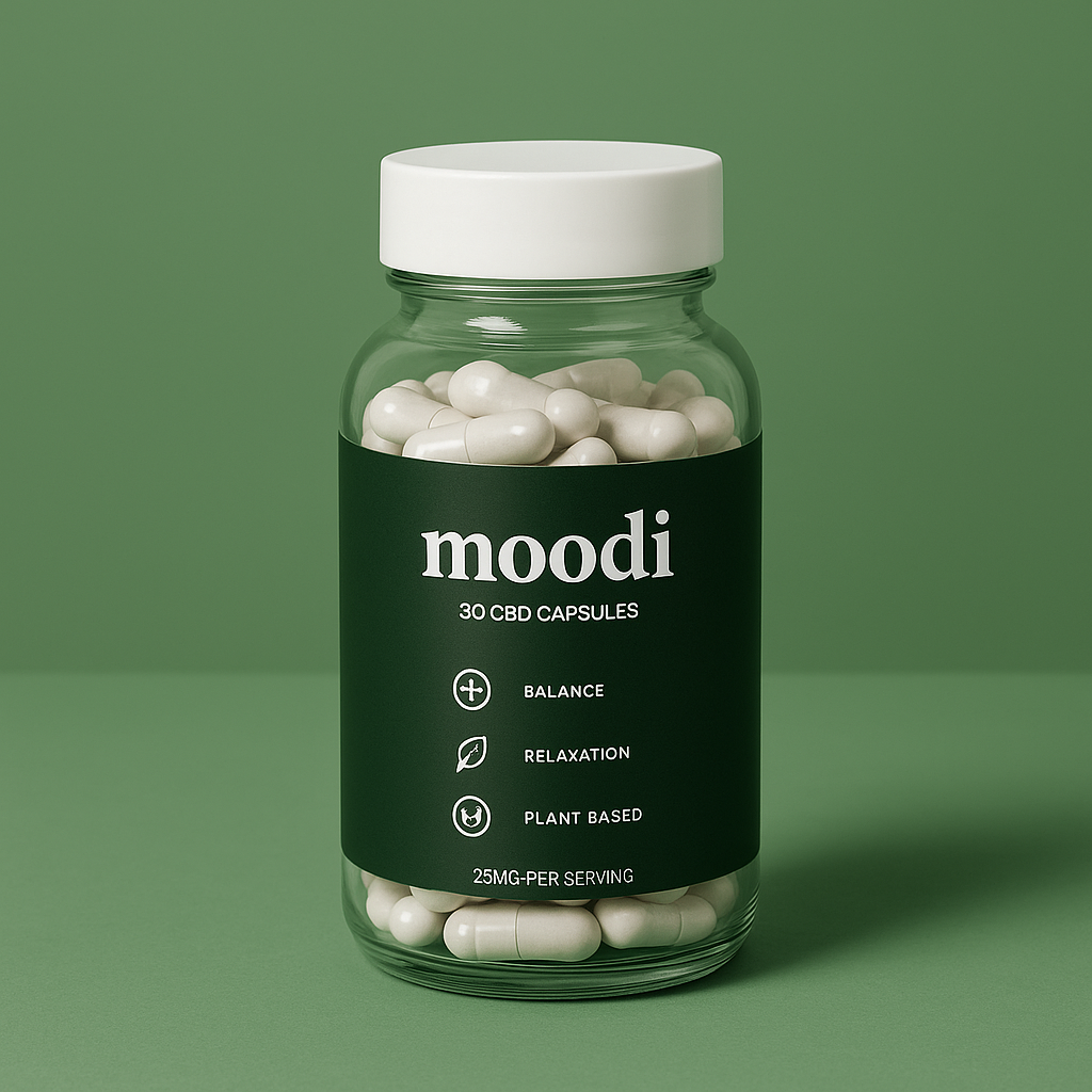 Moodi CBD Capsules UK Moodi CBD Capsules UK bottle on green background.