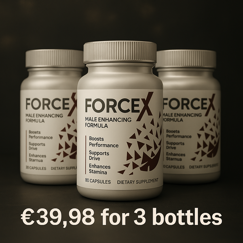 "Three bottles of Force X ME male enhancement supplement displayed on a luxurious dark background, highlighting a promotional price of €39.98 for 3 bottles."

