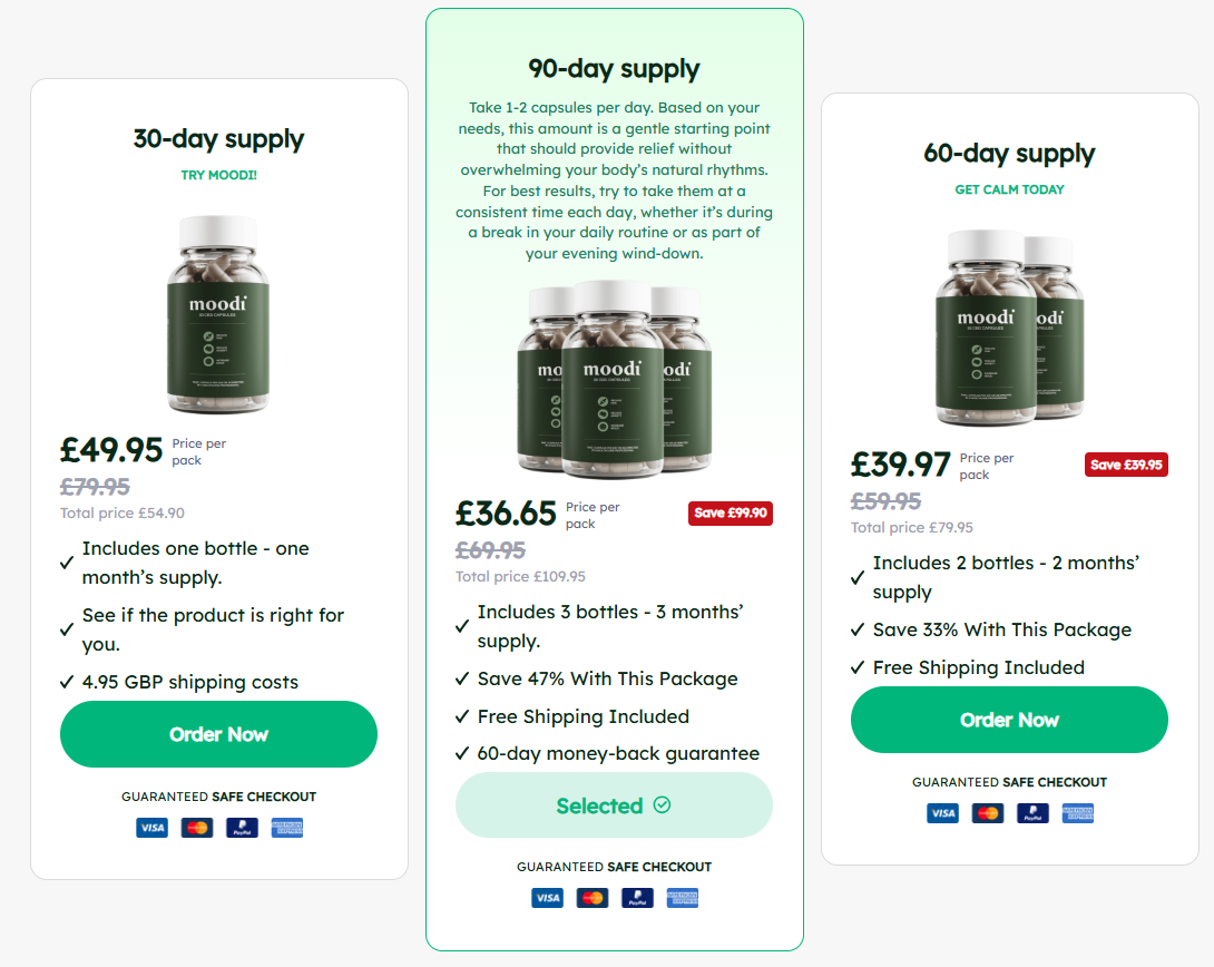 Moodi CBD Capsules UK Moodi CBD Capsules bottle on green background.